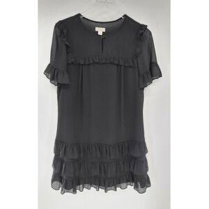 J. Crew POINT SUR Black Ruffle Tiered Chiffon Dress Size 2 Sheer‎ Short Sleeve